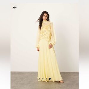 ASOS appliqué floral tie neck blouson sleeve trapeze maxi dress in soft yellow